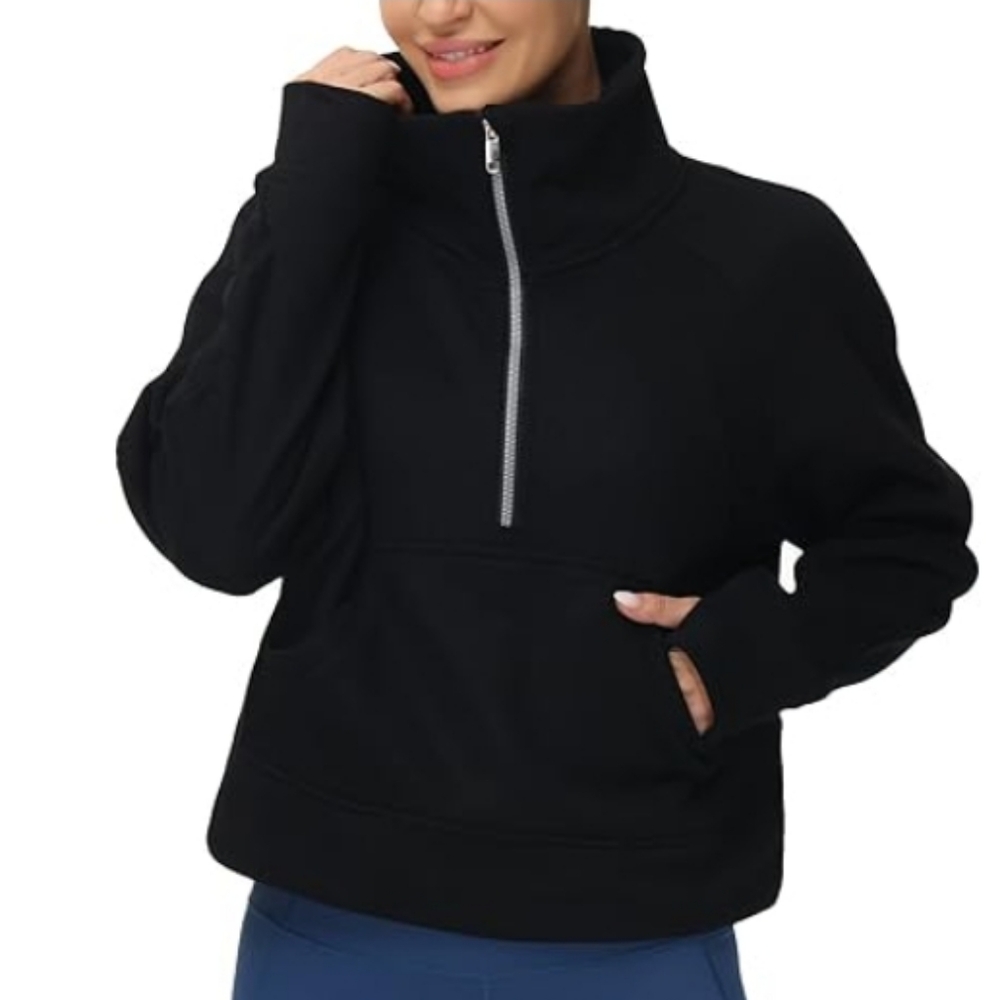 Half Zip Pullover Fleece Stand Collar Crop Sweatshirt with Pockets Black